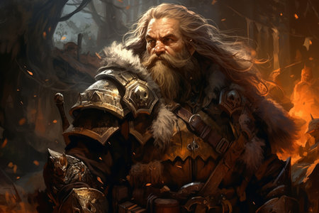 A battle-hardened dwarf warrior, renowned for skill with a warhammer and unyielding determination. - Generative AIの素材