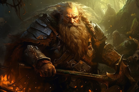 A battle-hardened dwarf warrior, renowned for skill with a warhammer and unyielding determination. - Generative AIの素材