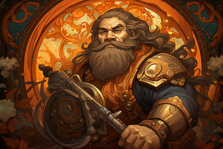 A battle-hardened dwarf warrior, renowned for skill with a warhammer and unyielding determination. - Generative AIの素材