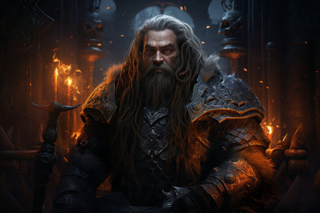 A battle-hardened dwarf warrior, renowned for skill with a warhammer and unyielding determination. - Generative AIの素材