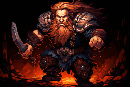 A battle-hardened dwarf warrior, renowned for skill with a warhammer and unyielding determination. - Generative AIの素材