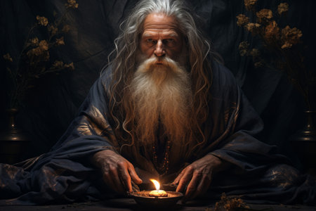 A wise old sage, adorned in flowing robes and possessing vast knowledge - Generative AIの素材