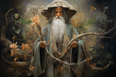 A wise old sage, adorned in flowing robes and possessing vast knowledge - Generative AIの素材