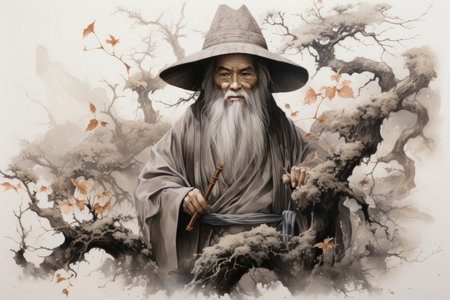 A wise old sage, adorned in flowing robes and possessing vast knowledge - Generative AIの素材