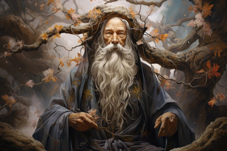 A wise old sage, adorned in flowing robes and possessing vast knowledge - Generative AIの素材