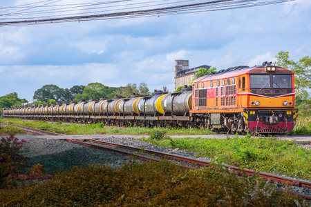 Tanker-freight train on the railway tracks in the countryside of Thailandの写真素材