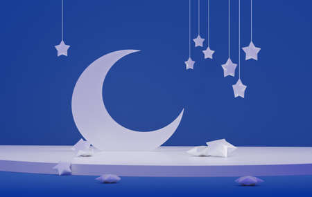 White moon with stars, on a blue background. Fallen stars. 3d renderの写真素材