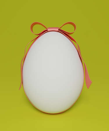 White egg with a pink bow on a green background. Mockup. 3d renderの写真素材