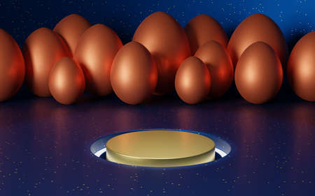 Gold podium on a blue background to the point. Orange Easter eggs 3d render
