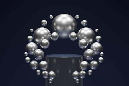 Podium on a dark blue background, surrounded by silver balls, 3d renderの写真素材