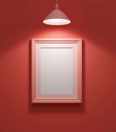 Painting on a coral color background, illuminated by a lamp, mockup, 3d renderの写真素材