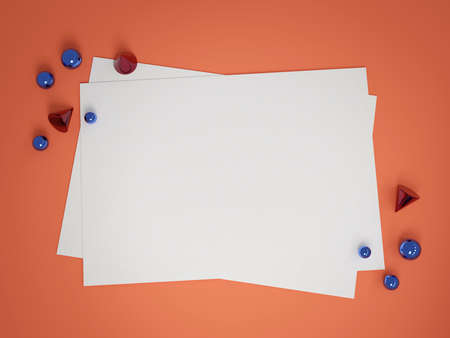 Paper sheets on coral color background, metal geometric shapes, 3d renderの写真素材