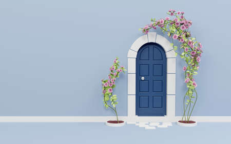 Blue door with climbing roses around. On a blue background. 3d renderの写真素材