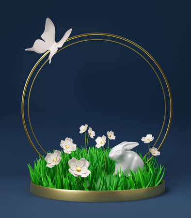 White flowers, bunny and butterfly on a blue background, 3d renderの写真素材