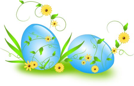 Blue eater eggs with green ornaments and flowerの写真素材