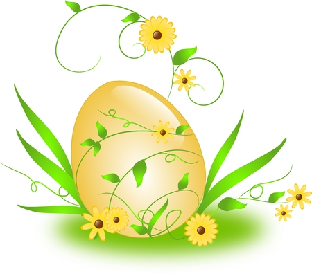 Golden eater egg with green ornaments and flowerの写真素材