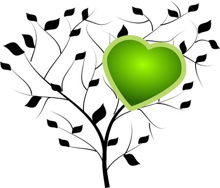 Black tree with leaves decorated with green heartの写真素材