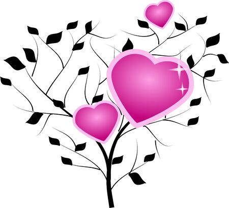 Black tree with leaves decorated with three pink heartsの写真素材