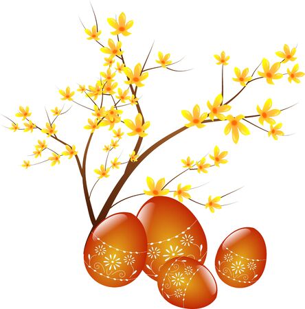 Illustration of colored easter eggs with twig of laburnumの写真素材