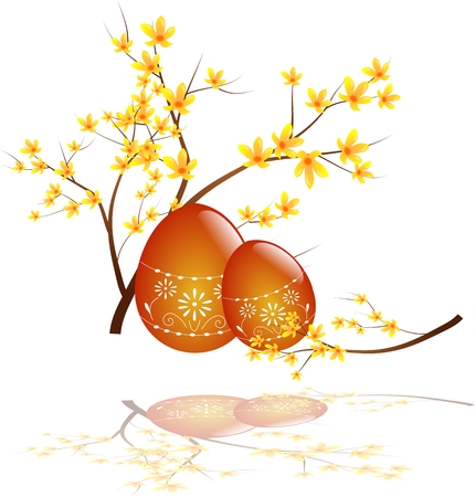 Illustration of orange easter eggs with twig of laburnumの写真素材