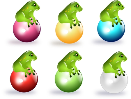 Set of green frog sitting on different colored ballsの写真素材