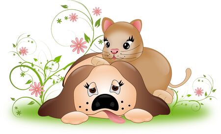 Small kitten lying on dog decorated with floral ornamentsの写真素材