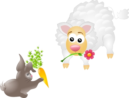 Gray rabbit biding carrot to sheepの写真素材