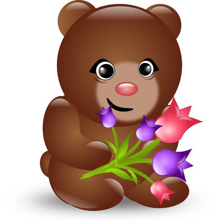 Dark brown bear holding bouquet of tulipsの写真素材