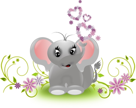 Light gray elephant with floral hearts and floral ornamentsの写真素材