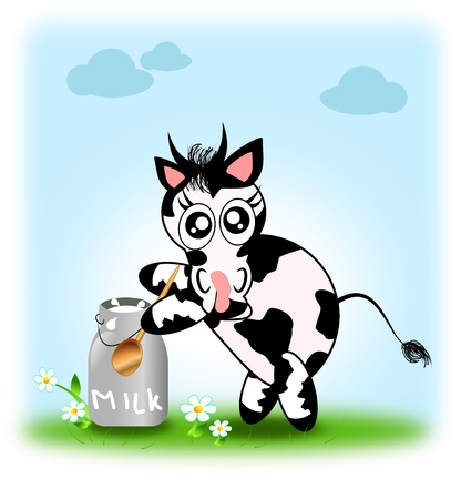 Cute black and white cow with jug of milkの写真素材