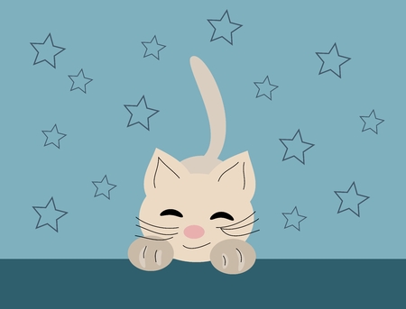 Illustration of cat on blue stars backgroundの写真素材