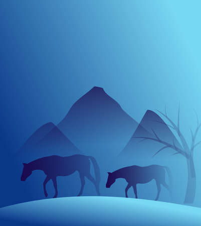 Blue background with two horses and moutainsの写真素材