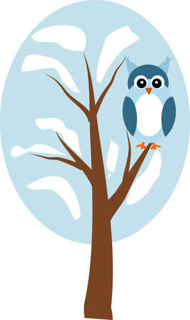 Vector illustration of owl sitting on winter treeのイラスト素材