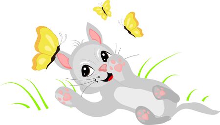 Vector illustration of small cute kitten as catching butterfliesのイラスト素材