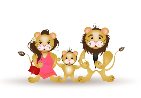 Cartoon illustration of man, woman and kid of lionsの写真素材