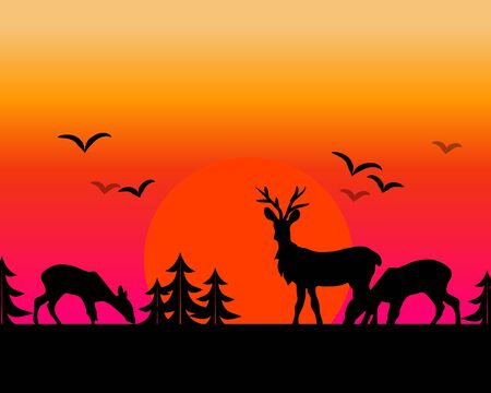 Illustration of sunset landscape with grassing deerの写真素材