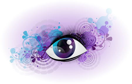 Beautiful blue purple eye illustration decorated with floral ornamentsの写真素材