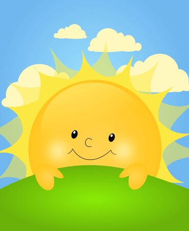 Illustration of cute sun hidden behind green hillの写真素材
