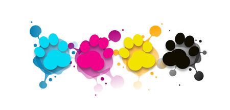 Illustration of colorful cmyk dog paws on white background with blotsの写真素材