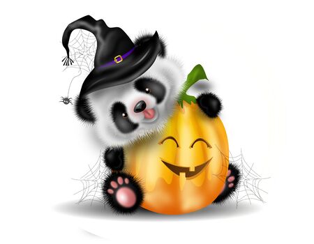 Illustration of cute small panda with halloween pumpkinの写真素材