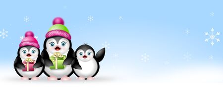 Illustration of winter web banner with three penguinsの写真素材