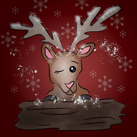 cartoon reindeer with wooden board in winterの写真素材