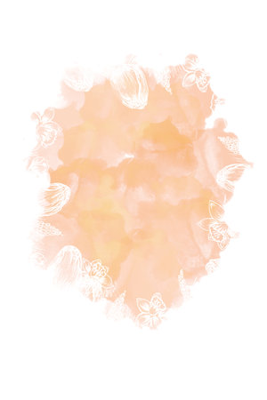 Orange watercolor background with white floral decorationの写真素材