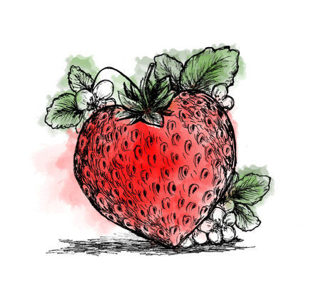 Illustration of strawberry in heart shape watercolorの写真素材