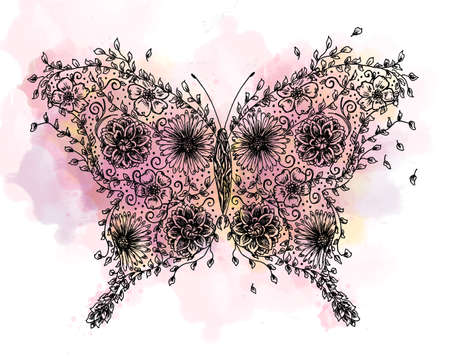 Illustration of black line butterfly with watercolor backgroundの写真素材