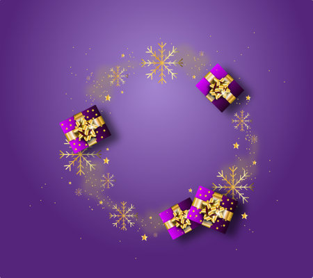 Illustration of circle with christmas decoration on purple backgroundの写真素材