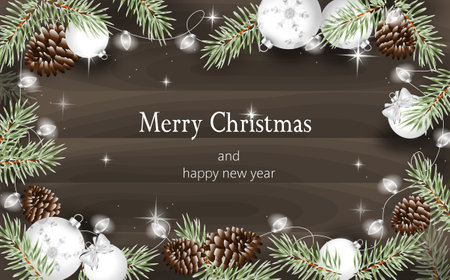 Illustration of merry christmas greeting card on wooden background with white christmas decorationsの写真素材