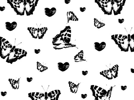 Illustration of black butterflies on white backgroundの写真素材