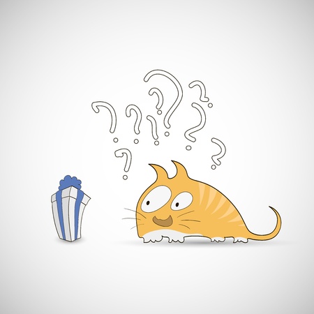 Surprised cat with gift and question, white background, vector illustrationのイラスト素材
