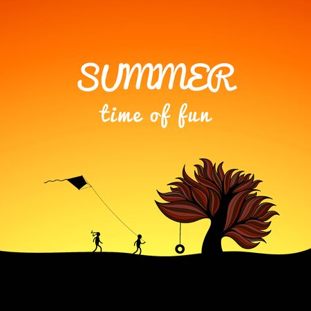 Poster summer landscape style, fun theme, vector background illustrationのイラスト素材